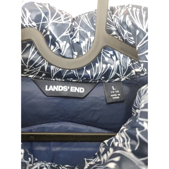 (V) Land's End GIRLS BLUE FLOWERS PATTERN Puffer Jacket Sz L 14-16 COLD WEATHER